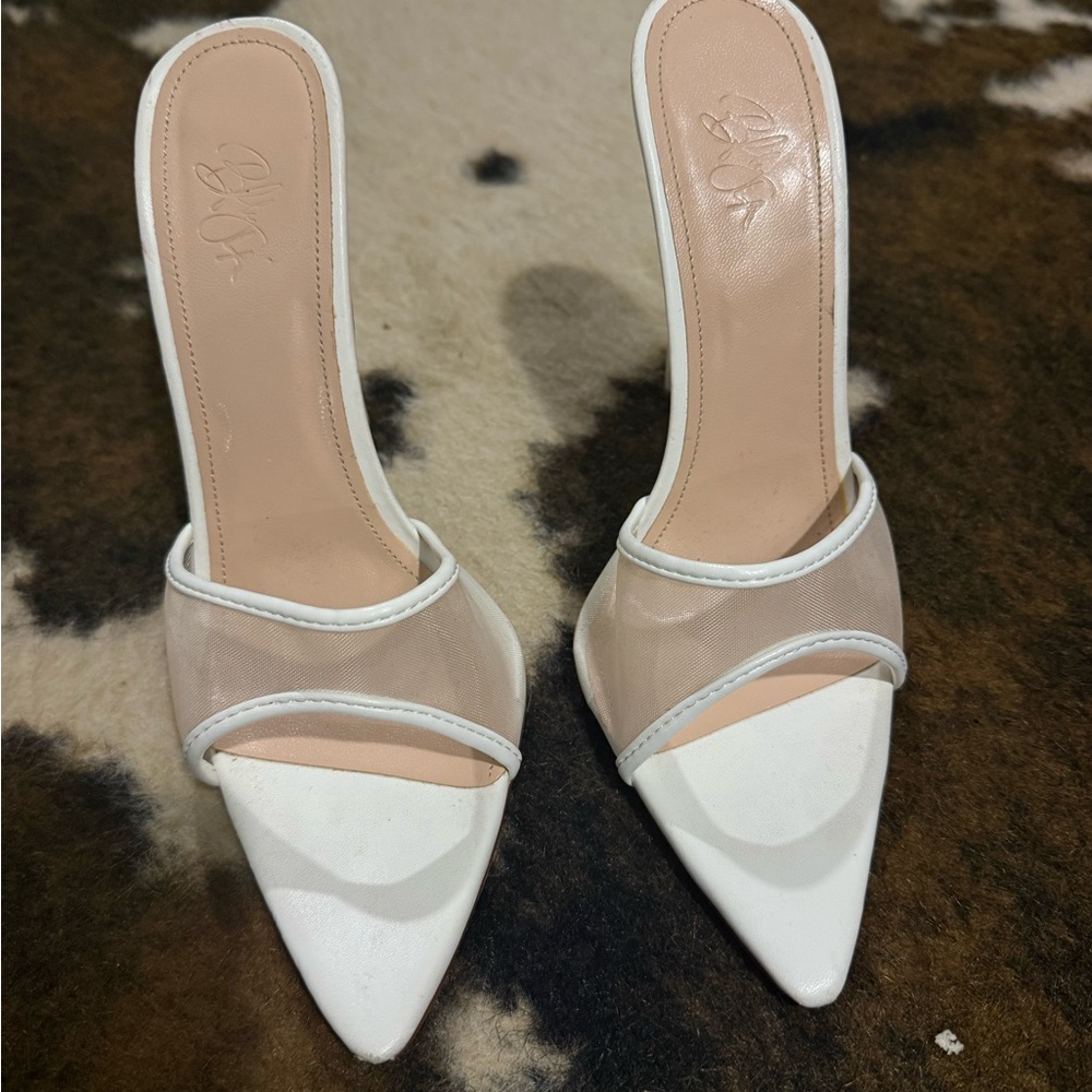 White Pointed-Toe Mesh Slide Heels by (Unknown Brand)